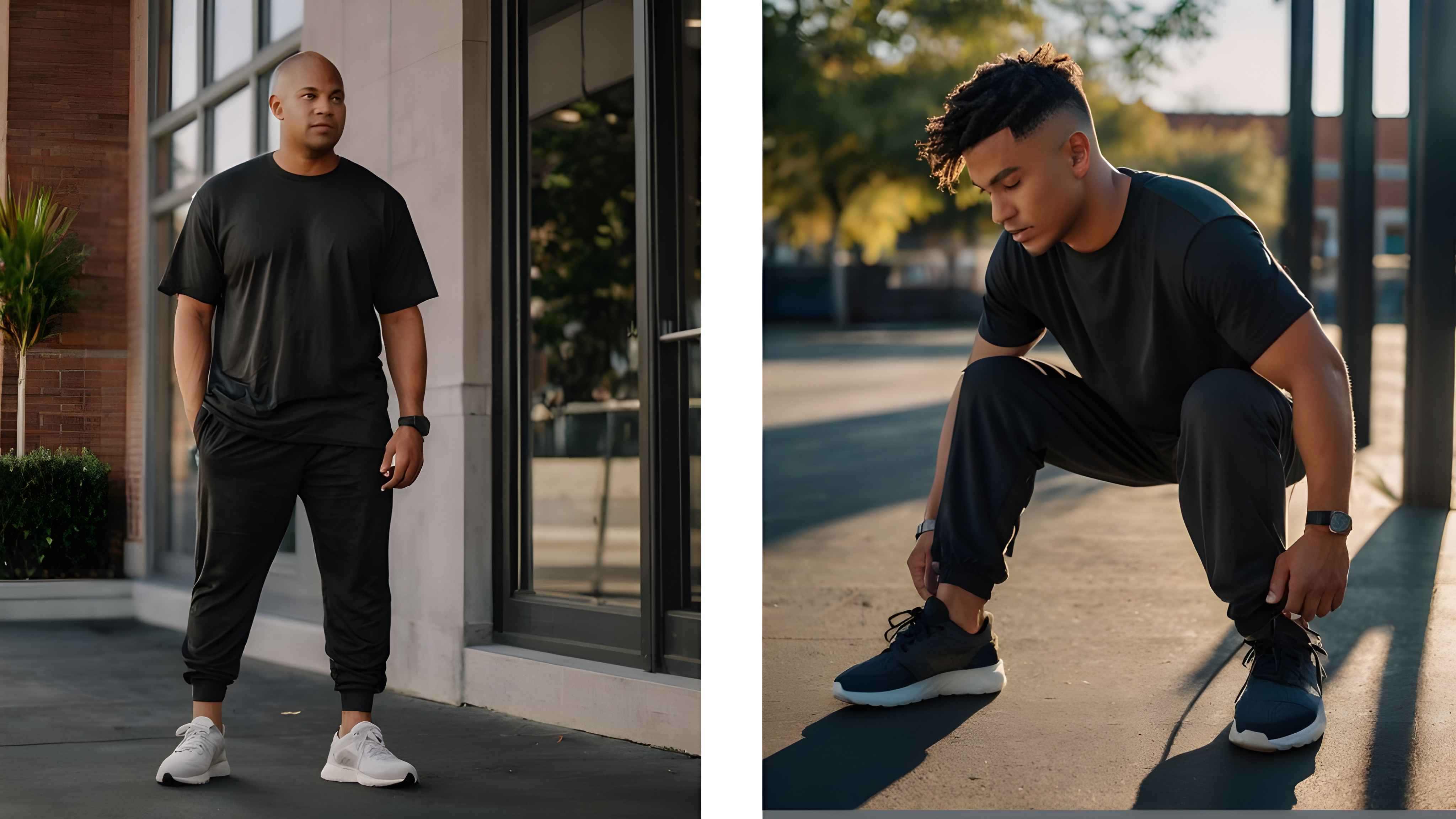 Man in black oversized cotton T-shirt tying shoes outside a gym at sunrise – AhmedDigitalStore