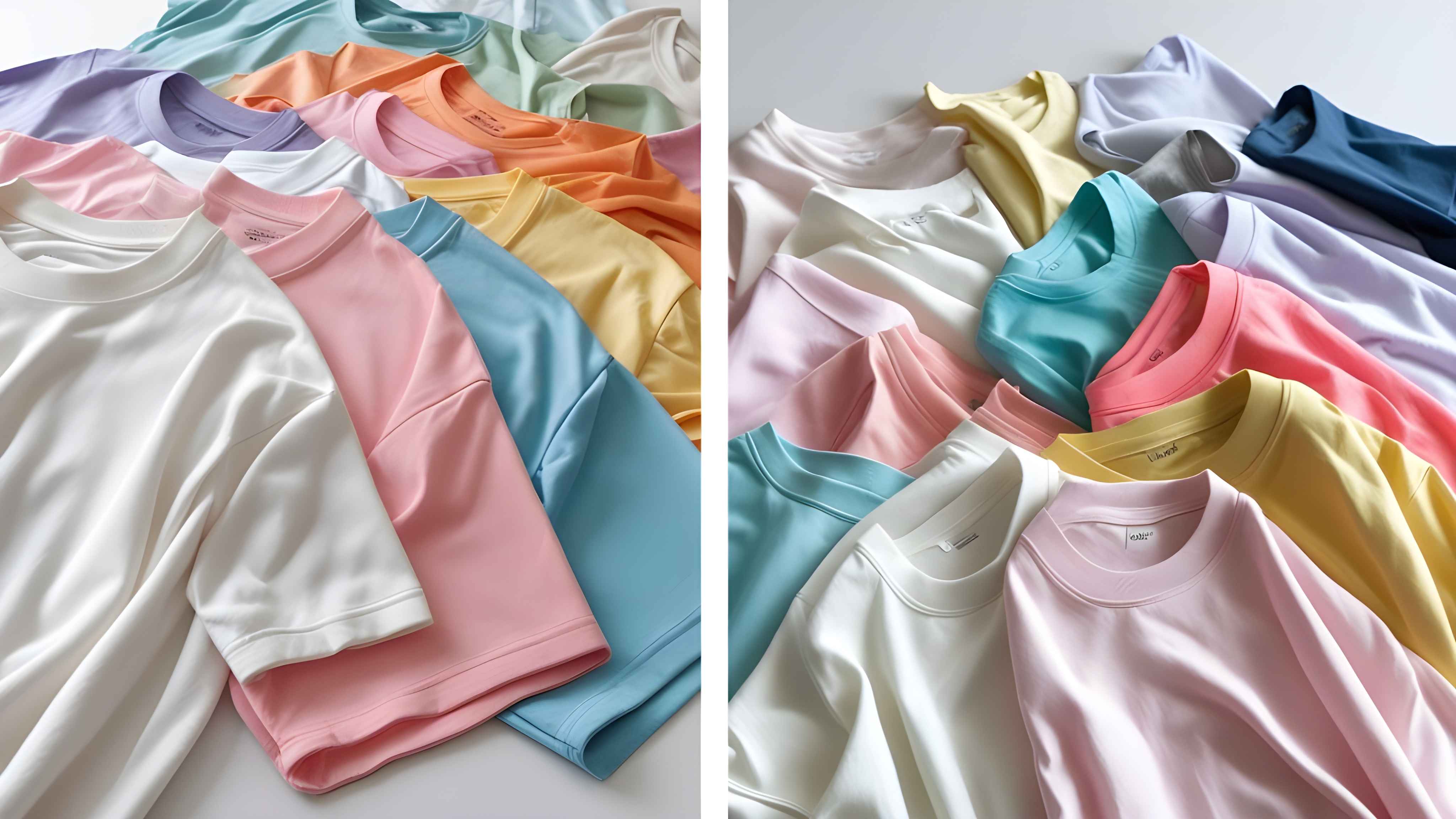 Five oversized cotton T-shirts in gradient tones folded on concrete background – AhmedDigitalStore