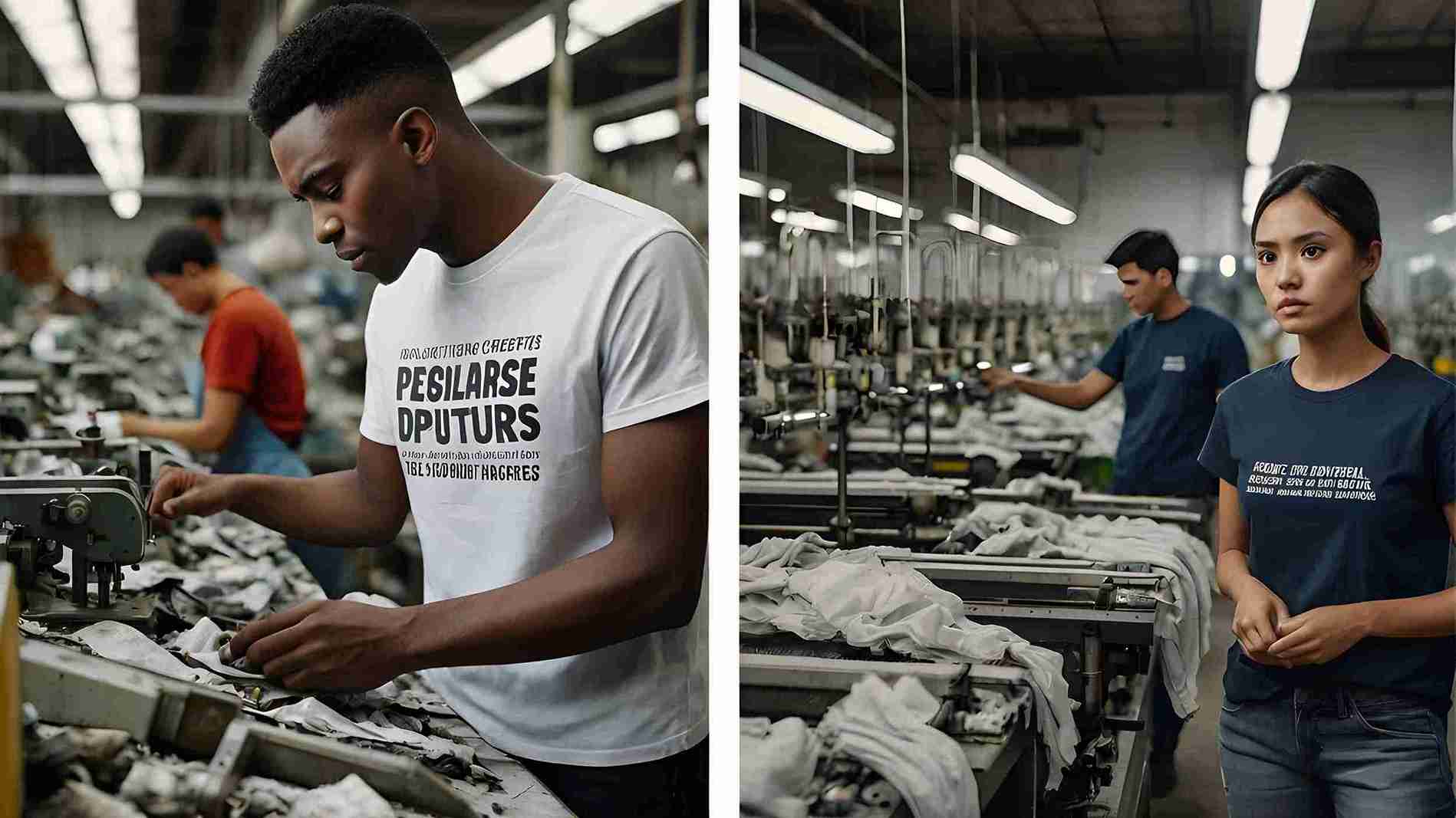 Wasteful fast fashion factory and unsustainable t-shirt designs representing 2025 fashion problems – AhmedDigitalStore