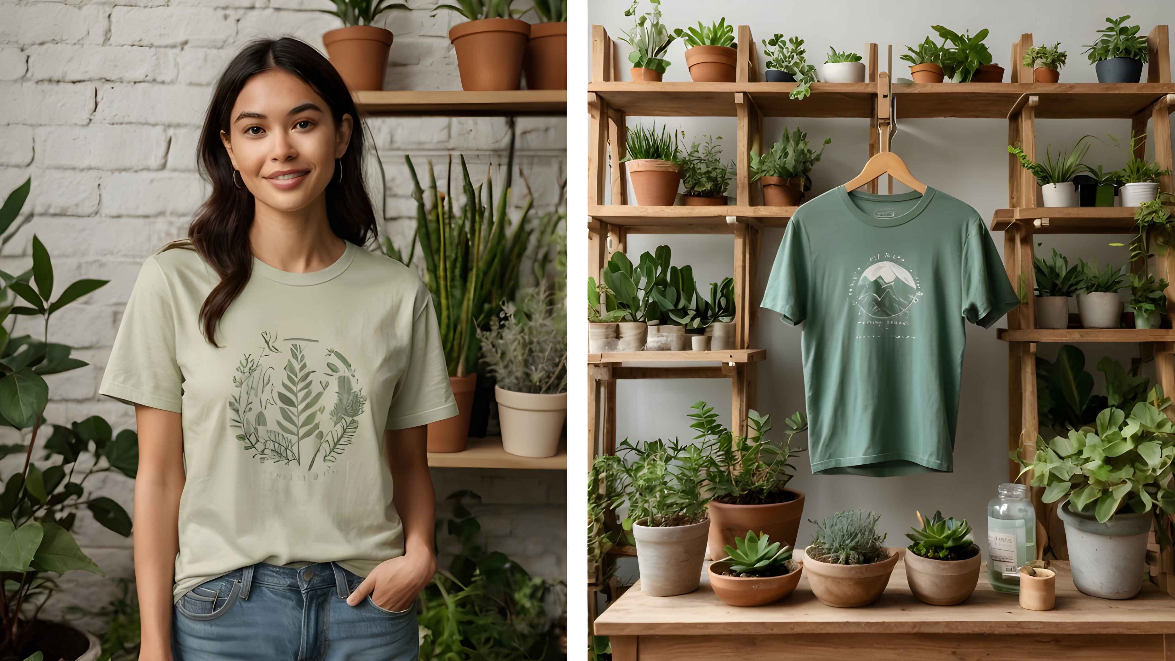 A young woman wearing a sage green T-shirt with botanical illustrations stands beside indoor plants; beside her, another green T-shirt with a nature-themed mountain graphic hangs in a wooden plant-filled shelf display.