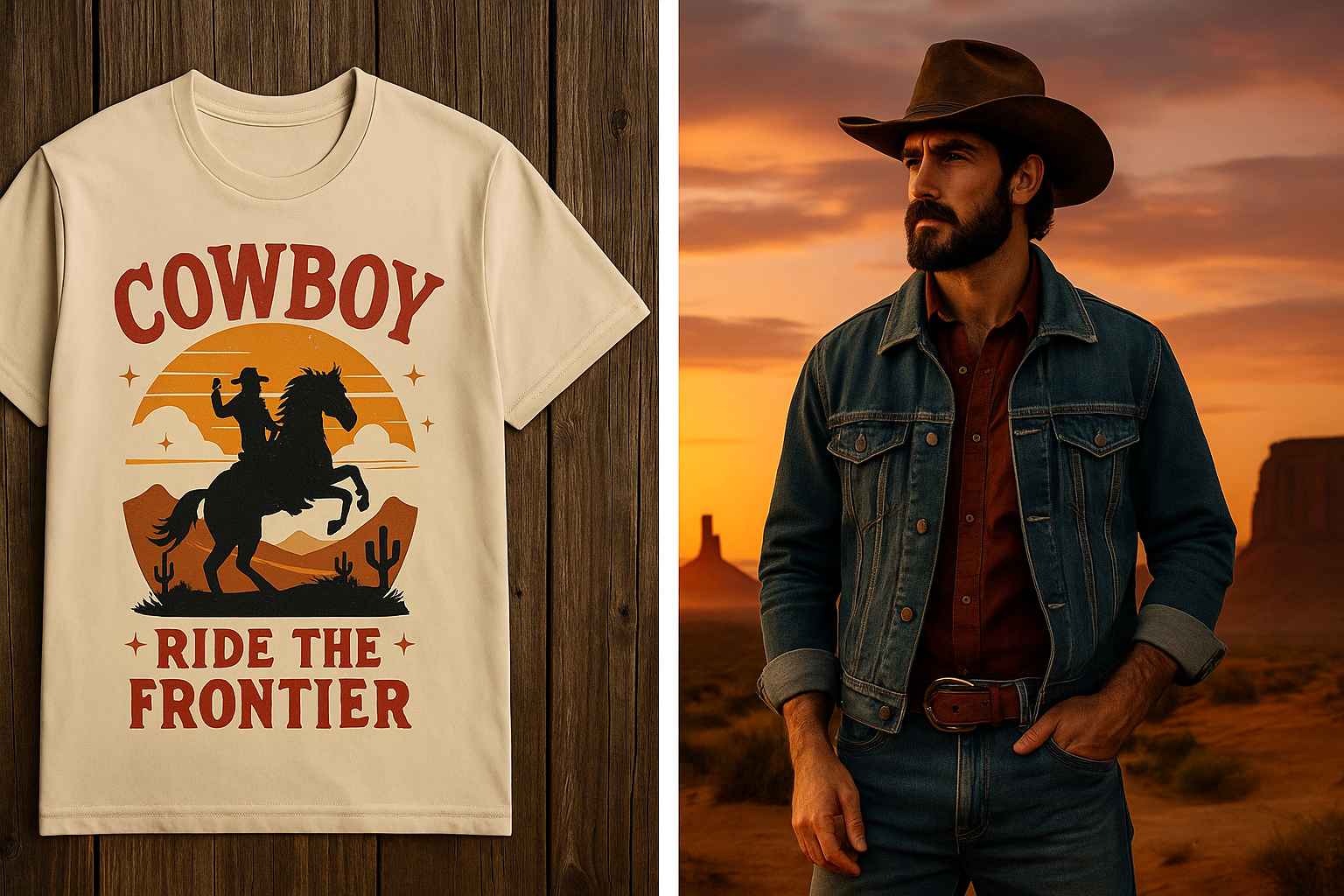 A beige T-shirt featuring a retro Western cowboy riding a horse with sunset backdrop, beside a rugged man in denim and cowboy hat standing in a desert at sunset.