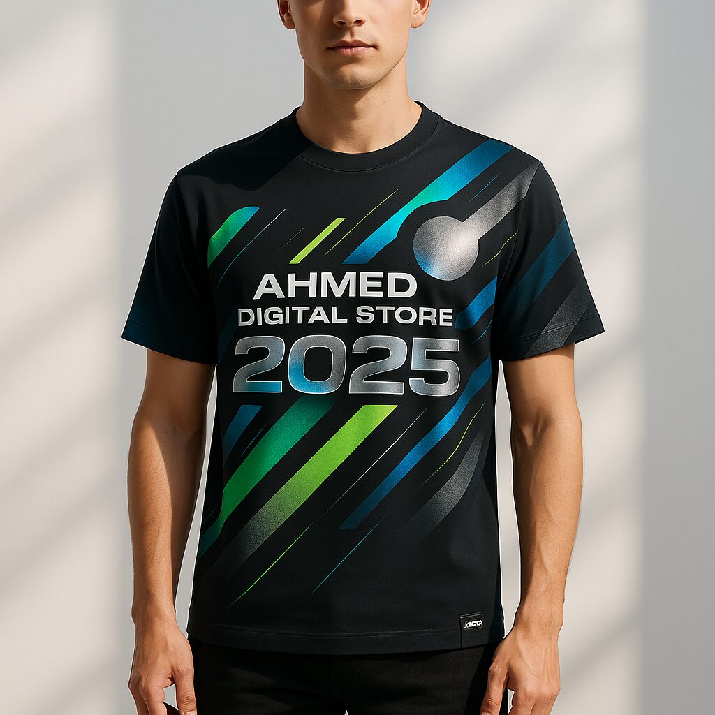 "Futuristic black T-Shirt in 2025 with neon green and blue streaks and bold metallic 2025 print from Ahmed Digital Store"